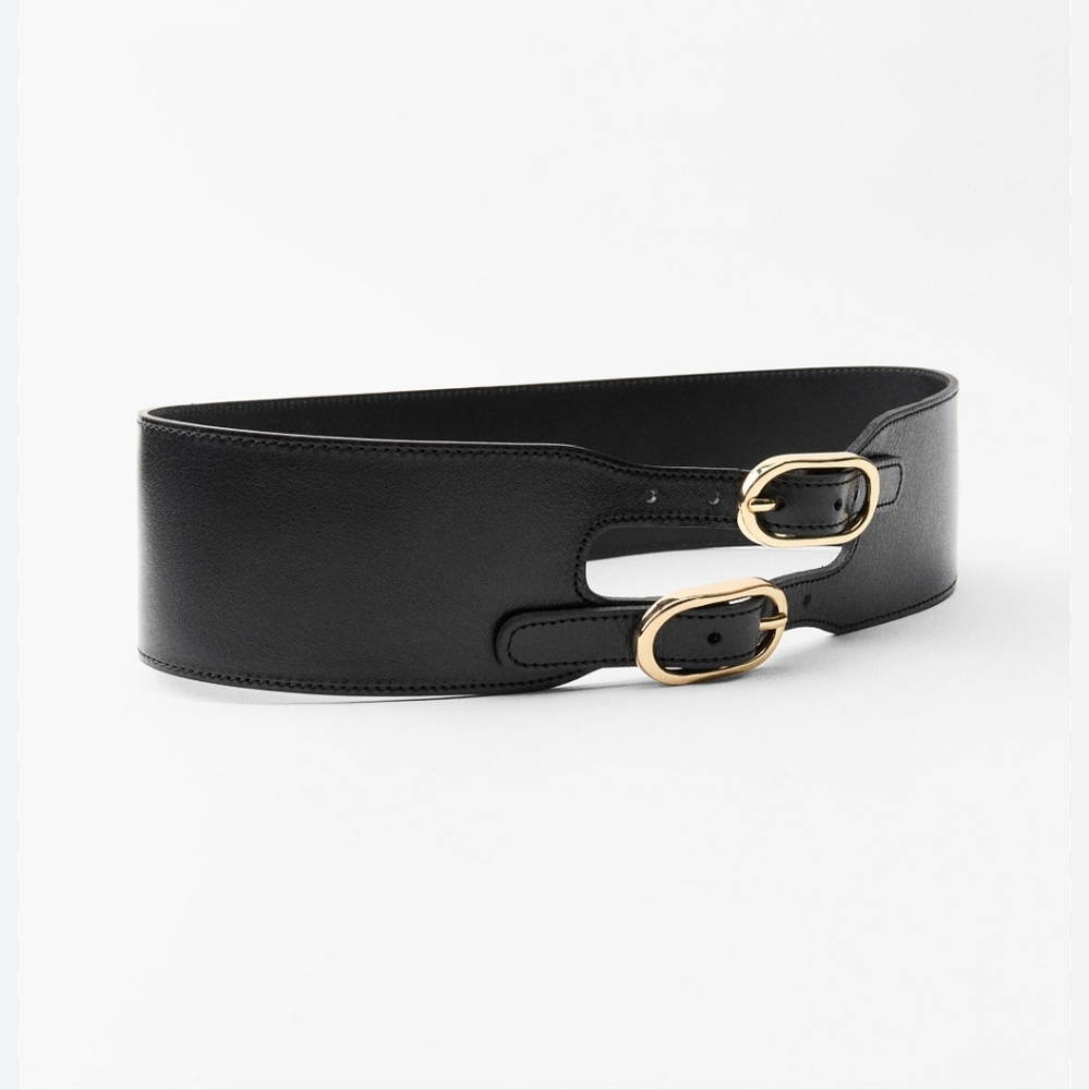 Zara Black Wide Leather Belt with Gold Buckles